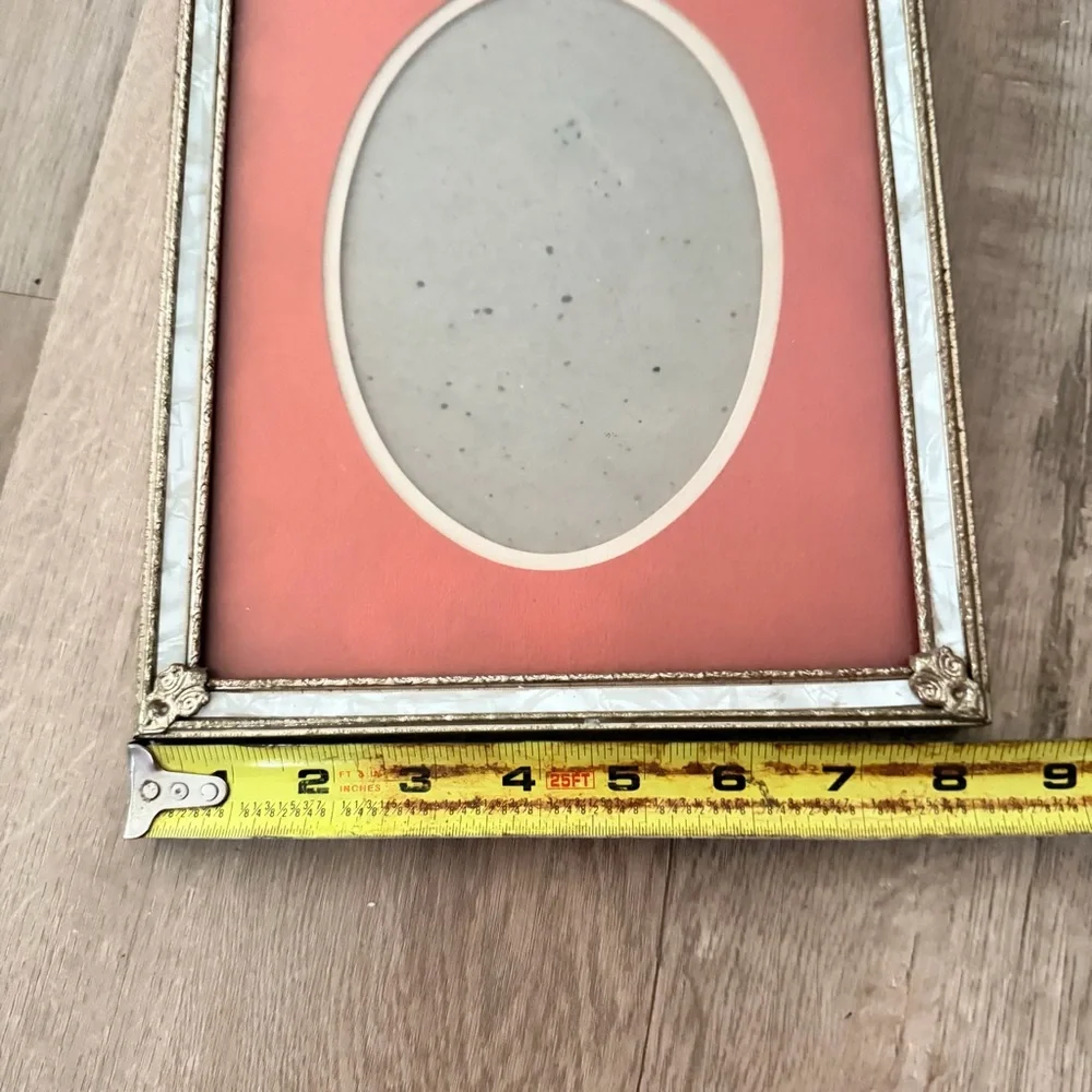 VTG Art Deco Metal Gold Tone, Mother Of Pearl & Orange Photo Picture Frame 8x10”